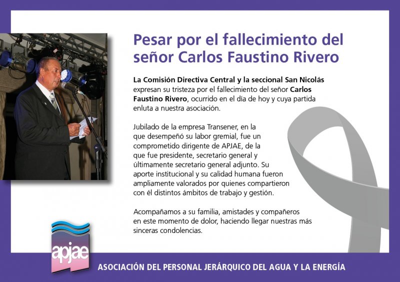 PESAR POR EL FALLECIMIENTO DEL SR CARLOS FAUSTINO RIVERO
